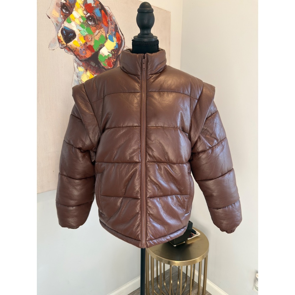 WeWoreWhat Snap Off Sleeve Matte Faux Leather Puffer Jacket Cacao Brown XXS NWT